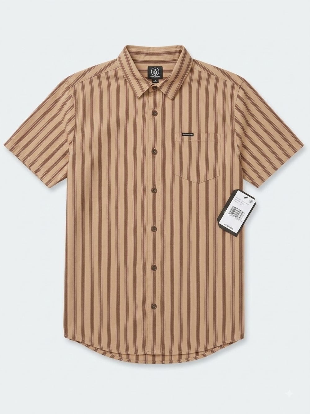 Volcom Kid’s XL Short Sleeve Tan Striped Button-Up Shirt